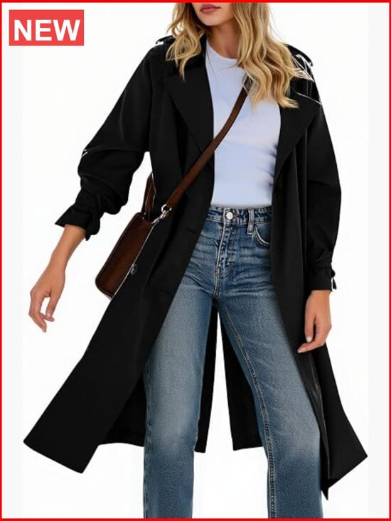 Jackets & Blazers - Long Trench Coat Double Breasted Notch Lapel Lightweight Windproof Overcoat
